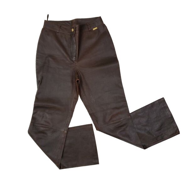 St. John High Rise Bootcut Brown Leather Pants 10 Western Cowgirl - Picture 2 of 15